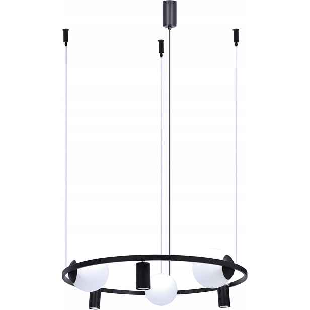 Černý lustr 3 skleněné bílé koule a 3 reflektory kulatý 78 cm Zuma Line