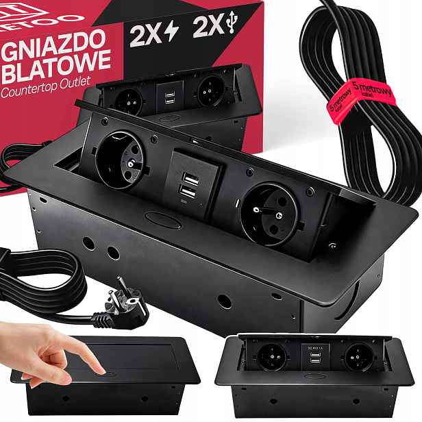 Desková Zásuvka Schovaná Do Kuchyňské Desky Dvojitá 2x 230V 2x Usb 2.1A 1,9 m