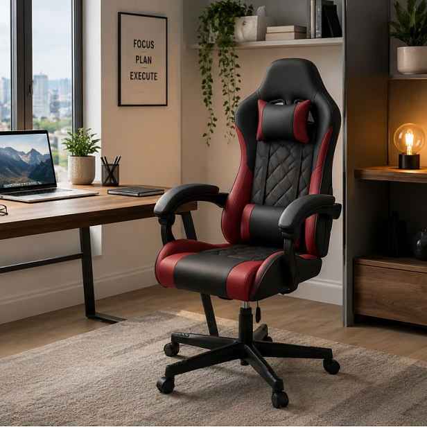 Ergonomická herní židle, černá/červená, polštářky,