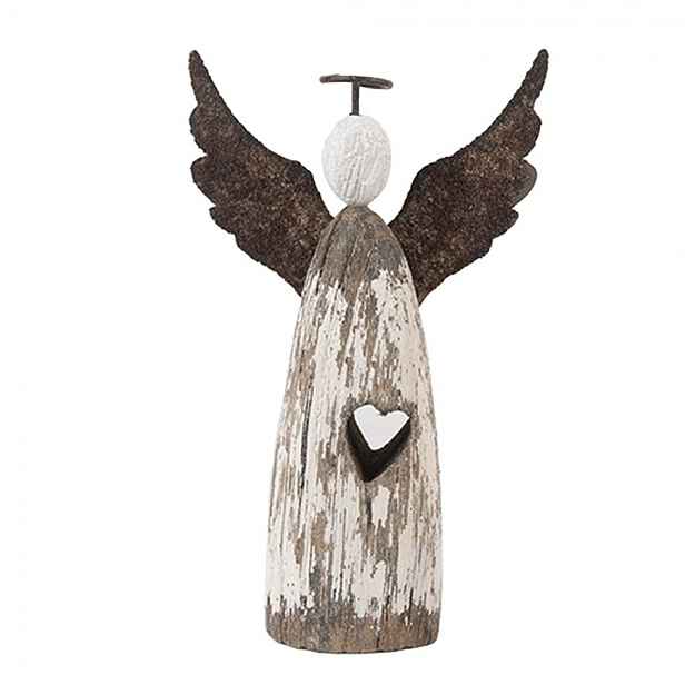 Dekorace dřevěná figurka anděl se srdíčkem Angel Rustic S - 7*3*12 cm Clayre & Eef