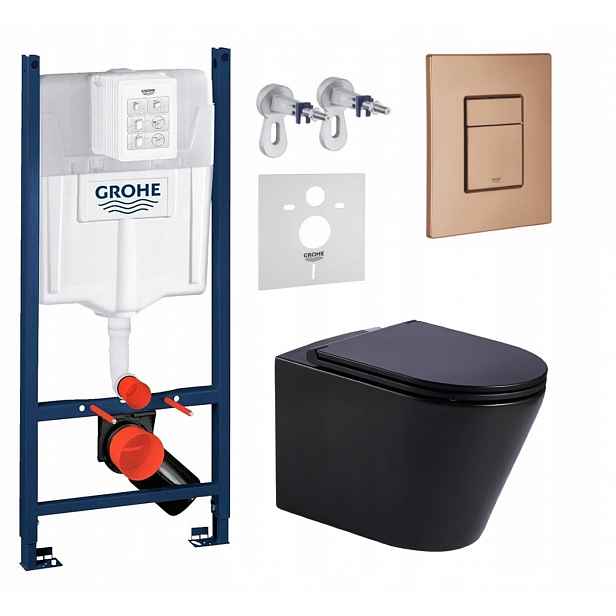 Wc sada Rám Grohe Rapid s mísou Jess černá Tlačítko kartáčovaná měď