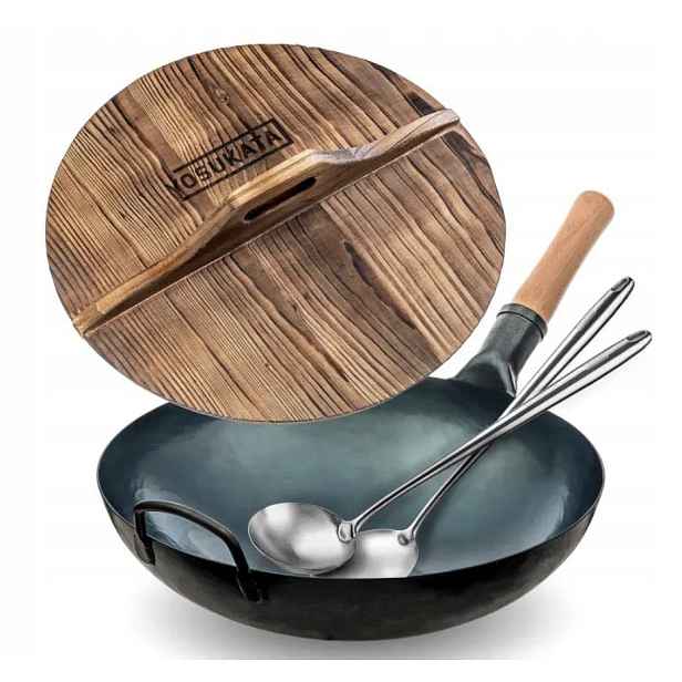 Yosukata Sada Wok 36 cm modrá, dřevěné víko, příslušenství, plyn