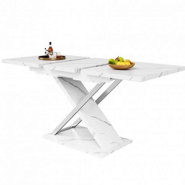 OKWISH JÍDELNÍ stůl 118-157/75/76,4 cm bílý z MDF a kovu rozkládací s mramorovým dekorem a křížovými nohami