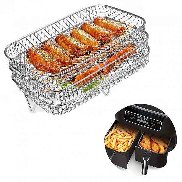 TEMU Obdélníkový rošt do horkovzdušné fritézy je vhodný pro pečení a grilování, s třívrstvým nerezovým roštem pro sušení. Je to univerzální