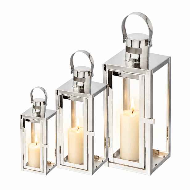 3X Skleněný Lampion Velká stříbrná lucerna Lampa Sada lampionů lampiony