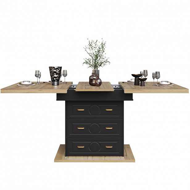 OKWISH JÍDELNÍ stůl 110-140/80/75 cm v dekoru přírodního dřeva z MDF a kovu rozkládací s úložným prostorem