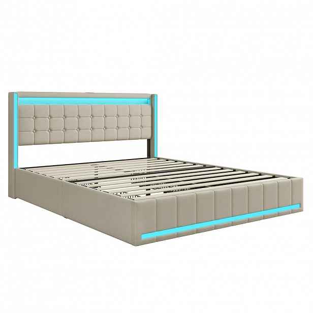 SHOPENTRA MANŽELSKÁ postel 140x190 cm, LED, USB, 4 kovové zásuvky, len, béžová