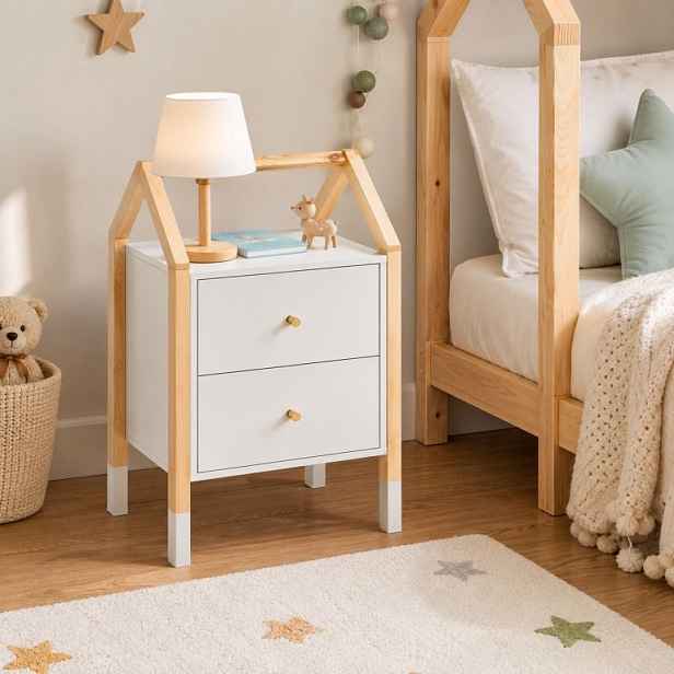 Dětský noční stolek bílý, domečkový design, 2 zásuvky