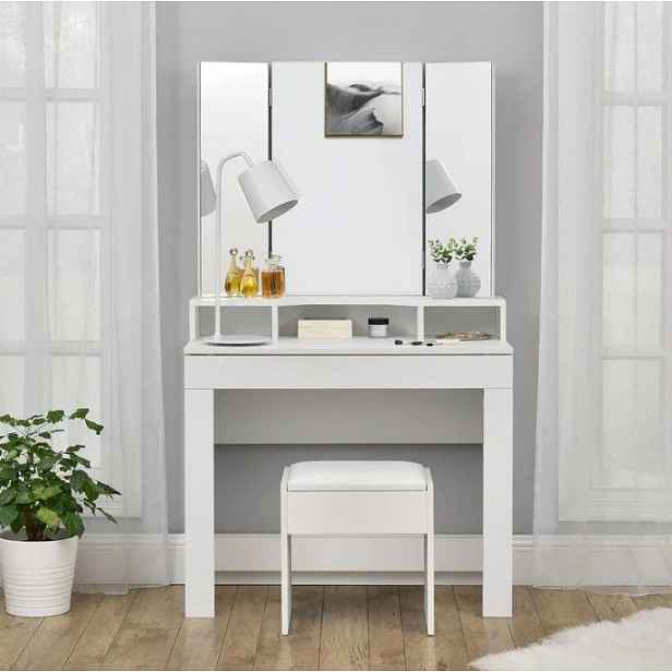 Taburet bílý ke kosmetickému stolku 42 cm s čalouněním