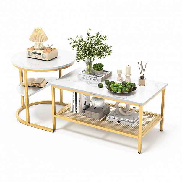 SHOPENTRA SADA konferenčních stolků, 2dílná, 80/46/41 cm, bílá se zlatým rámem, design půlměsíce