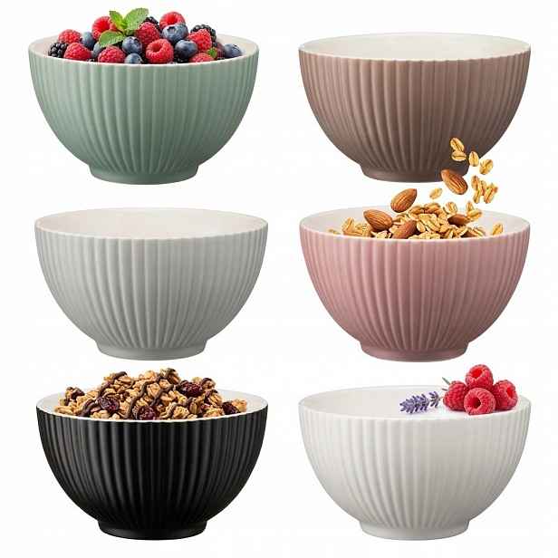 Sada 6 misek porcelánových ryhovaných barevných misek 590 ml