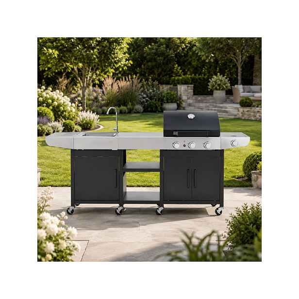 Zahradní BBQ kuchyně s umyvadlem BestBerg BBBQ-25SB / 4 hořáky / 11,5 kW / černá/stříbrná