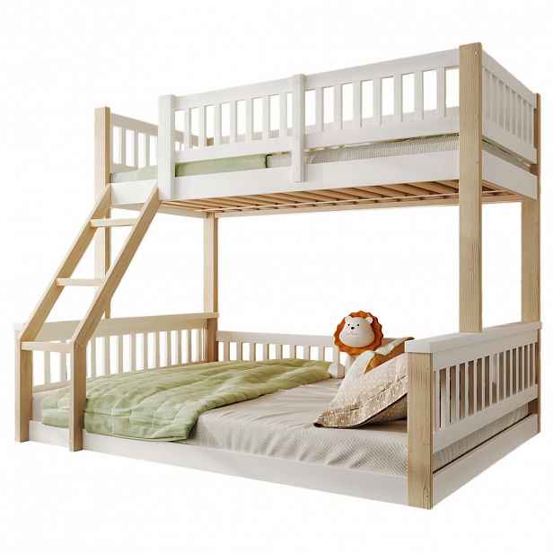 STILVORA ETAGENBETT 90/200 cm & 140/200 cm in Weiß & Natur mit Leiter und Bettgitter aus Massivholz im schlichten Design