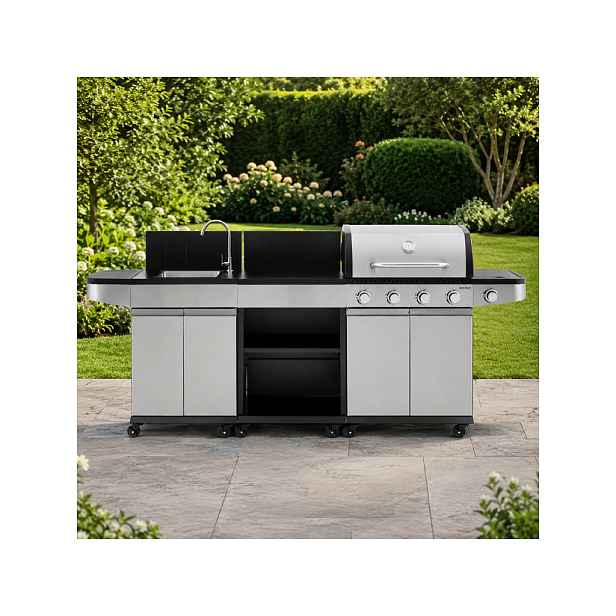 Zahradní BBQ kuchyně s umyvadlem BestBerg BBBQ-26SB / 5 hořáků / 14,5 kW / stříbrná/černá