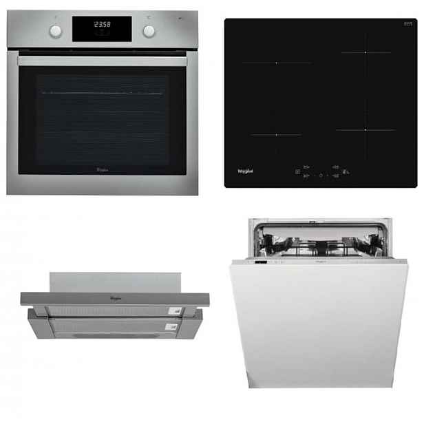 Akční set spotřebičů Whirlpool trouba AKP745IX + indukční deska WSQ7360NE + výsuvný odsavač par AKR7491IX + vestavná myčka nádobí WIC3C26F