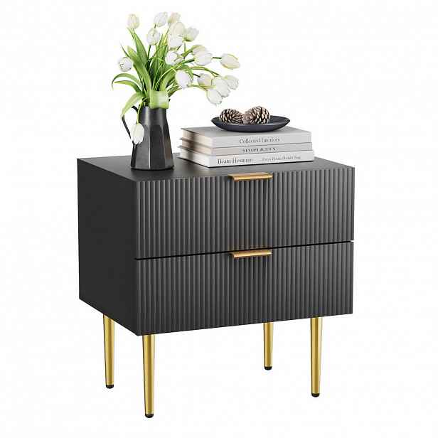 OKWISH NOČNÍ stolek 53/41,5 cm černý z MDF a kovu se 2 zásuvkami