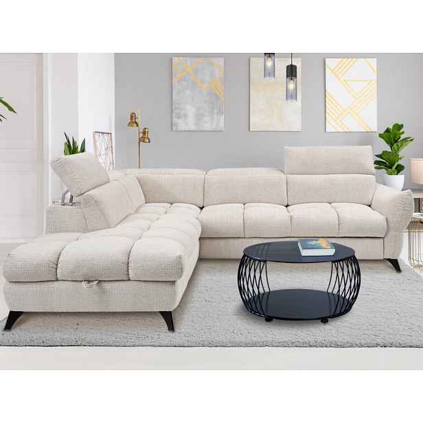 Rohová sedačka Fubu, šedo-krémová strukturovaná látka, levý roh