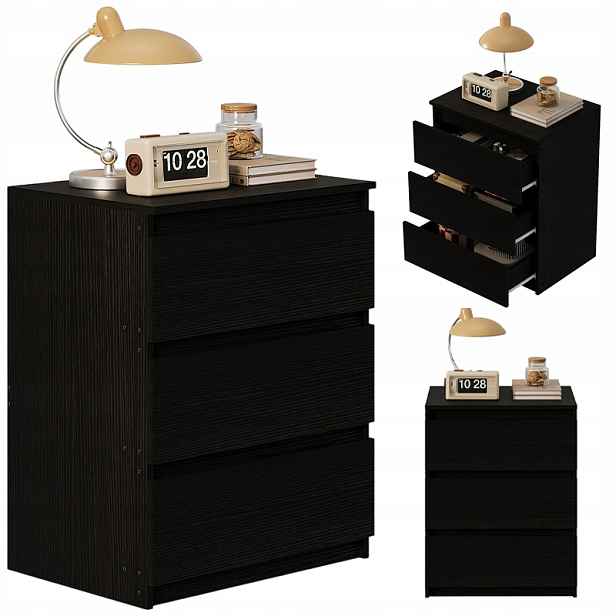 Noční Stolek Stolek Ložnice Komoda 3 Zásuvky Černá Loft Moderní 60 CM