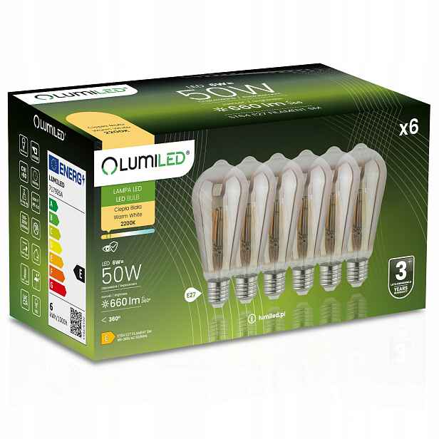 6x Led žárovka E27 Edison ST64 6W Ozdobná Filament Retro Kouřová Spirálová