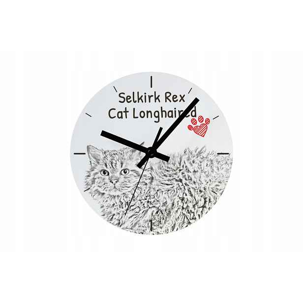 Kočka Selkirk Rex dlouhosrstý hodinový stroj s kočkou, závěsný a stojící, personalizace