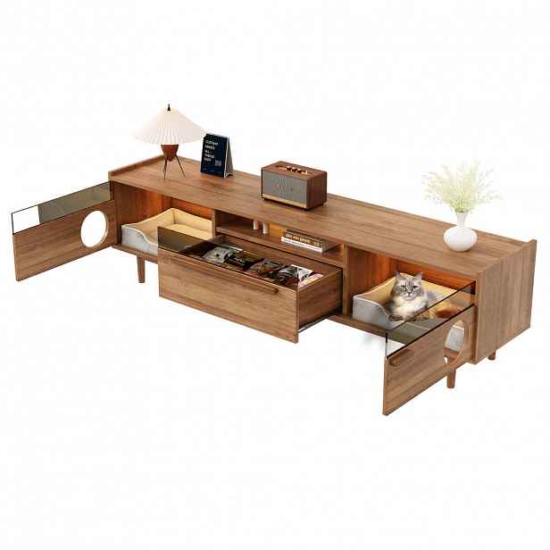 Modfu TELEVIZNÍ stolek z MDF 180x40x50 cm ořechový s LED osvětlením a prostorem pro kočku