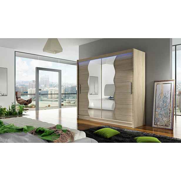 Šatní skříň 180 cm se zrcadlem a LED osvětlením FLORENCIO 10 - dub sonoma