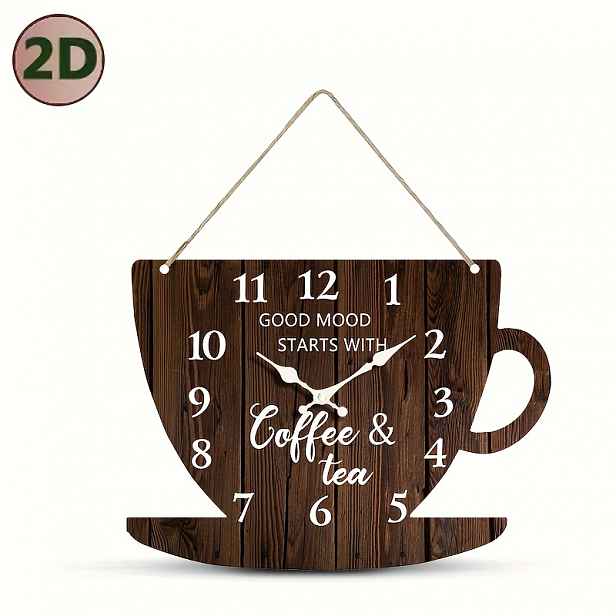 TEMU 1 ks Originální Nástěnné Hodiny, Kreativní Design Hodin ve Tvaru Kávového Šálku s Tmavým Dřevěným Tónem a Arabskými Číslicemi, Tiché Křemenné