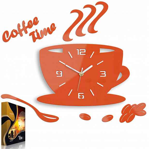 Nástěnné hodiny ve tvaru šálku Coffe Time 3D Orange Kulatý Křemenné