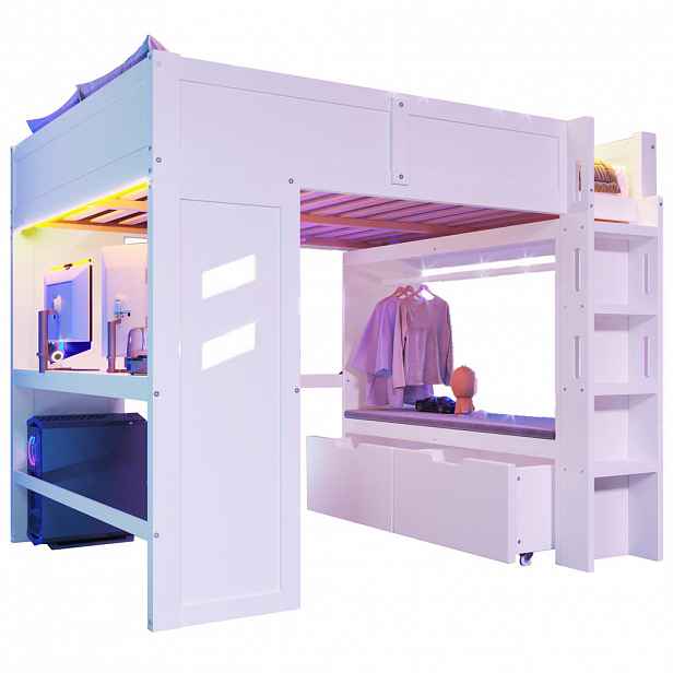 STILVORA HOCHBETT 140/200 cm in Weiß mit Schreibtisch, 2 Schubladen, LED, USB und Type-C