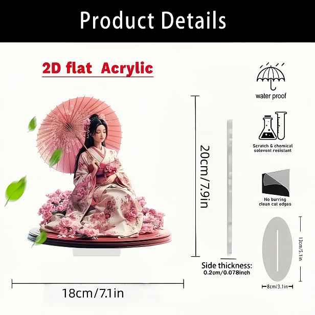 TEMU 2D Plochá, 1ks Japonská Gejša Akrylová Dekorace na Stůl - Stylová Bohémská Stolní Cedulka Vhodná pro Domov, Kancelář, Kavárnu, Minimalistická