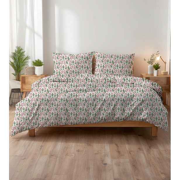 Krepové povlečení 140x200 bílé se zelenými lístky a červenými květy Kora Home