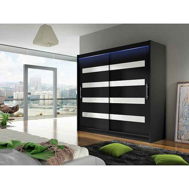 Šatní skříň 180 cm s posuvnými dveřmi a LED osvětlením FLORENCIO 11 - černá