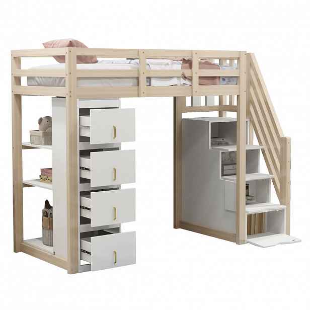 STILVORA HOCHBETT 90/200 cm in Natur mit 4 Schubladen, Regal und Sicherheitsleiter
