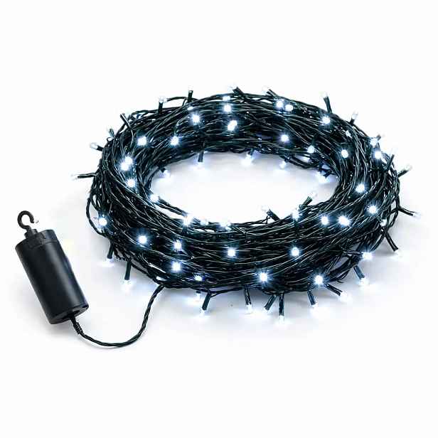 LED světýlka na baterie, venkovní, 10,2 m, ledově bílá, 100 diod, tmavě zelený kabel, IP44, 4× AA