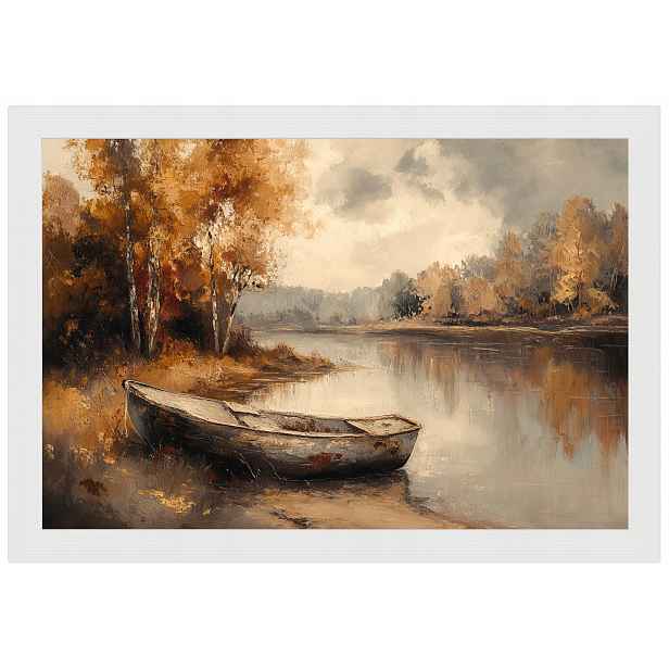 Plakát Rámeček Dřevo Podzimní Krajina Loďka Řeka Zlatá Podzim 60x40