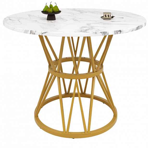 OKWISH JÍDELNÍ stůl 100/100/76 cm zlatý z MDF a kovu s mramorovým dekorem a nastavitelnými nožkami