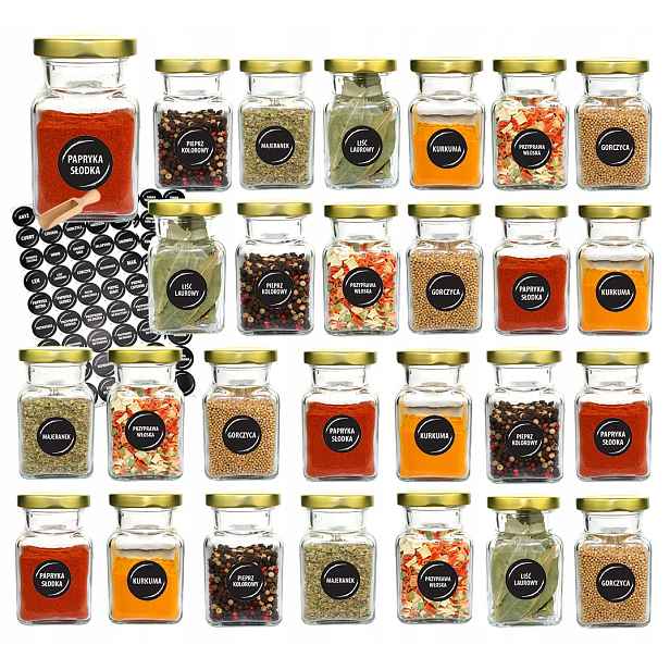 Sklenice na koření 150 ml x 27 ks se zlatým uzávěrem, 90 štítků