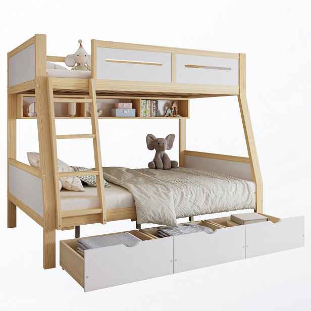 STILVORA ETAGENBETT 90/200 cm & 120/200 cm in Weiß & Natur Kinderbett mit 3 Schubladen, Bilderbuchständer und Trittleiter