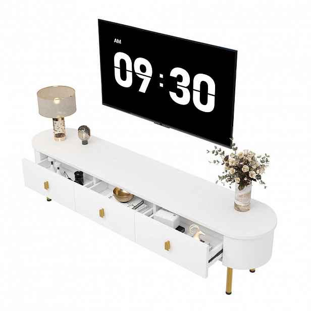 STILVORA TV STOLEK v bílé a zlaté barvě se zlatými úchytkami a zásuvkami, 174×35×41 cm