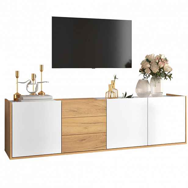 Modfu TV stolek z MDF 171,5x35x47 cm bílý v dekoru dřeva se 3 dvířky, 3 zásuvkami a možností montáže na stěnu