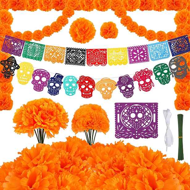 TEMU 82dílná sada dekorací pro , dekorace pro oltář k Dni mrtvých s bannerem Papel Picado, girlandou z pampelišek pro Ofrendas, potřeby pro oltáře,