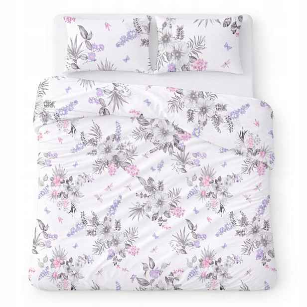 Povlečení bavlněné 160x200 bílé s šedofialovými květy Cotton Home