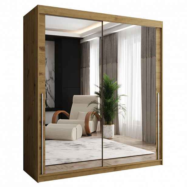 Home Collective ŠATNÍ SKŘÍŇ S POSUVNÝMI DVEŘMI se zrcadlem, šířka 180 cm, Artisan se stříbrným madlem