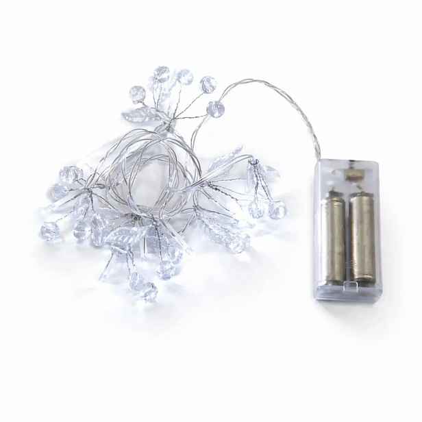LED světýlka na baterie, krystalky, 1,3 m, ledově bílá, 10 diod, čirý kabel, IP20, 2 × AA