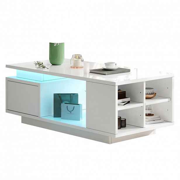 Modfu KONFERENČNÍ stolek z dřevotřísky 100x50x36 cm bílý s LED osvětlením, zásuvkou a bočními přihrádkami