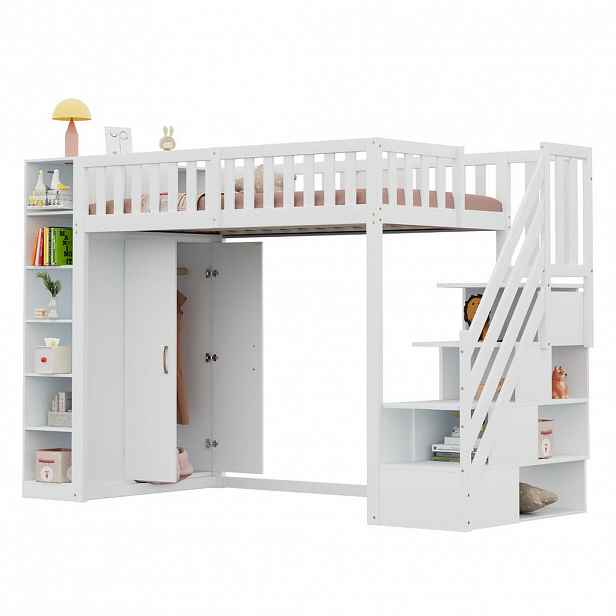 STILVORA HOCHBETT 90/200 cm in Weiß Kinderbett mit Regalen, Kleiderschrank und Schubladen