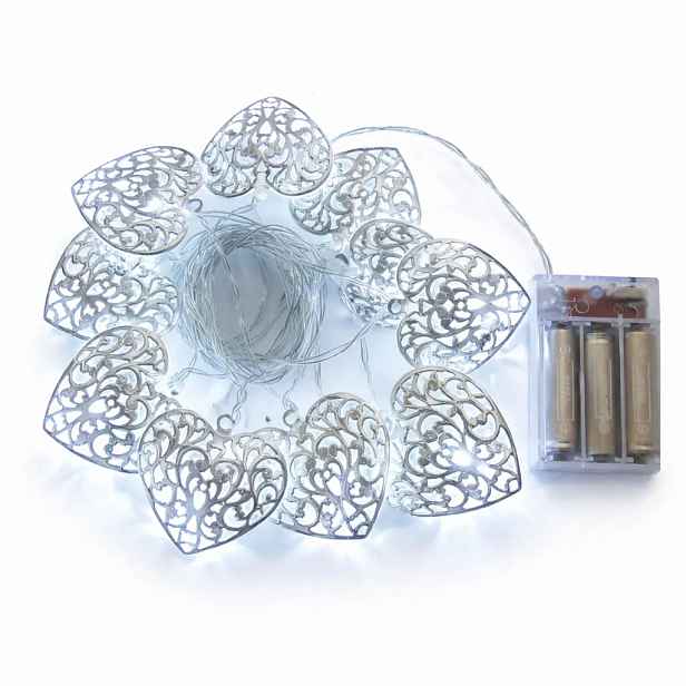 LED světýlka na baterie, 2,5 m, kovová srdce, vintage, ledově bílá, 10 diod, čirý kabel, IP20, 2× AA