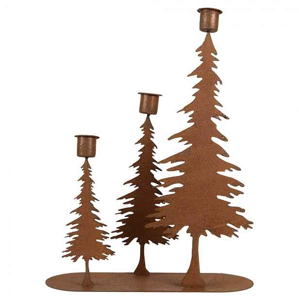 Rezavý kovový vánoční svícen se stromky na úzké svíčky Brocante rust - 14*14*26 cm Clayre & Eef