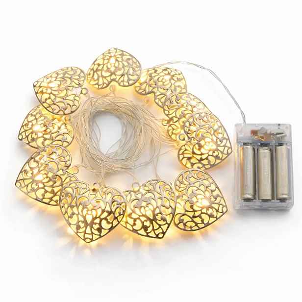 LED světýlka na baterie, 2,5 m, kovová srdce, vintage, teple bílá, 10 diod, čirý kabel, IP20, 2× AA
