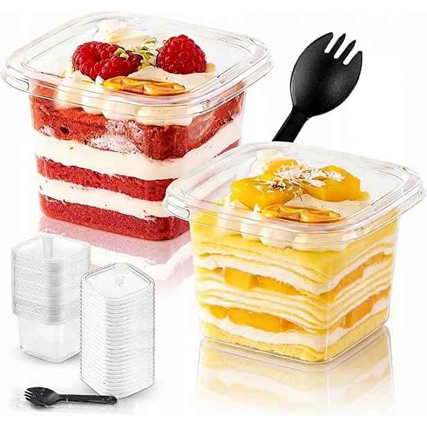 Dezertní Hrnky 50 Ks 360 ML S Víčkem A Lžičkou, Průhledné, Čtvercové